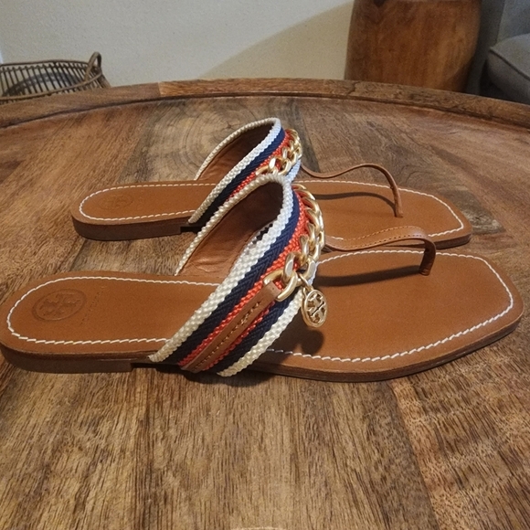 Tory Burch Striped Mini Benton Chain Band Thong Sandals Womens Sz 9 - Picture 1 of 12